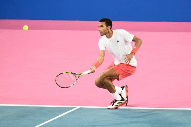 TENNIS : Open Sud de France ATP, Tennis Herren 250 - 01 02 2025 MONTPELLIER, FRANCE - 01 FEVRIER : 2 Felix AUGER-ALIASSIME (CAN) lors de la demi-finale du tournoi Open Sud de France ATP 250 contre Jesper DE JONG (NED) a Montpellier le 1er fÃ vrier 2025. France  Copyright: xValentinaxClaretx