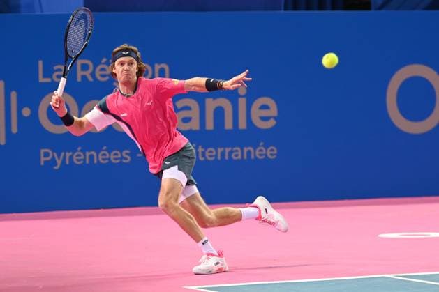 TENNIS : Open Sud de France ATP, Tennis Herren 250 - 01 02 2025 MONTPELLIER, FRANCE - 01 FEVRIER : 1 Andrey RUBLEV lors de la demi-finale du tournoi Open Sud de France ATP 250 contre Q Aleksandar KOVACEVIC (USA) a Montpellier le 1er fÃ vrier 2025. France  Copyright: xValentinaxClaretx