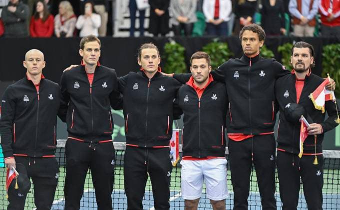 February 1, 2025, Montreal, Pq, Canada: Team Canada stands for the national anthem ahead of their Davis Cup qualifying tennis match against Hungary in Montreal on Saturday, February 1, 2025. Davis Cup,  - ZUMAc35_ 20250201_zaf_c35_022 Copyright: xGrahamxHughesx
