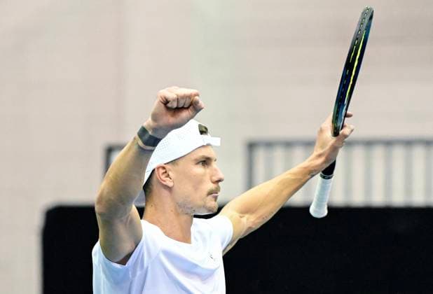 February 1, 2025, Montreal, Pq, Canada: Marton Fucsovics, of Hungary, reacts following his win over Gabriel Diallo, of Canada, in their Davis Cup qualifying tennis match in Montreal on Saturday, February 1, 2025. Gabriel Diallo, Marton Fucsovics, - ZUMAc35_ 20250201_zaf_c35_116 Copyright: xGrahamxHughesx
