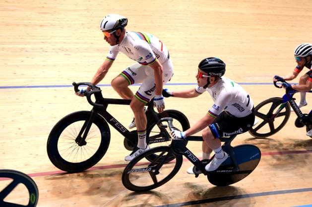 DEU, Sixdays Weekend, 02 02 2025, Velodrom, Berlin, DEU, Sixdays Weekend, in the picture Roger Kluge GER, Theo Reinhardt GER Photo Juergen Engler nordphoto GmbH nordphotoxGmbHx xEngler nph00076