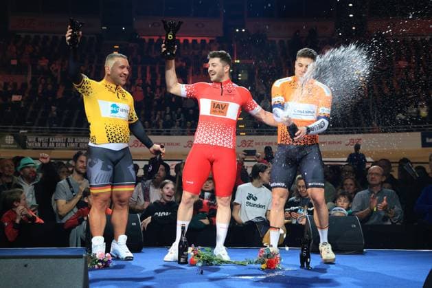 DEU, Sixdays Weekend, 02 02 2025, Velodrom, Berlin, DEU, Sixdays Weekend, in the picture award ceremony, sprinter, 1 Mateusz Rudyk 2 Maximilian Doernbach 3 Robert Foerstemann Photo Juergen Engler nordphoto GmbH nordphotoxGmbHx xEngler nph00076