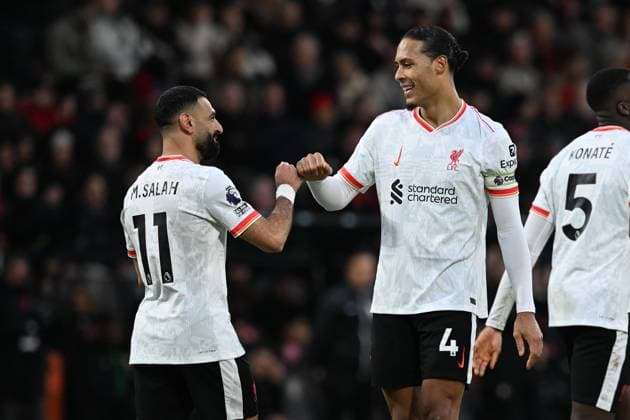 Bournemouth v Liverpool Premier League 01 02 2025. Goal 0-2 - Mohamed Salah (11) of Liverpool celebrates scoring the second goal with Virgil van Dijk (4) of Liverpool during the Premier League match between Bournemouth and Liverpool at the Vitality Stadium, Bournemouth, England on 1 February 2025. Bournemouth Vitality Stadium Dorset England Editorial use only DataCo restrictions apply See www.football-dataco.com , Copyright: xGrahamxHuntx PSI-21386-0352