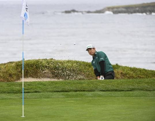 Golf: AT&T Pebble Beach Pro-Am Hideki Matsuyama of Japan hits out of a bunker on the fourth hole in the third round of the AT&amp;T Pebble Beach Pro-Am golf tournament on Feb. 1, 2025, at Pebble Beach Golf Links in Pebble Beach, California.  A14AA0004082814P