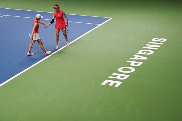 (250202) -- SINGAPORE, Feb. 2, 2025 -- Wang Xinyu (R) Zheng Saisai react during the women s doubles final match between Wang Xinyu Zheng Saisai of China and Desirae Krawczyk (USA) Giuliana Olmos (Mexico) at the Singapore Tennis Open in Singapore, Feb. 2, 2025. (Photo by Xinhua) (SP)SINGAPORE-TENNIS-SINGAPORE OPEN-WOMEN S DOUBLES ThenxChihxWey 