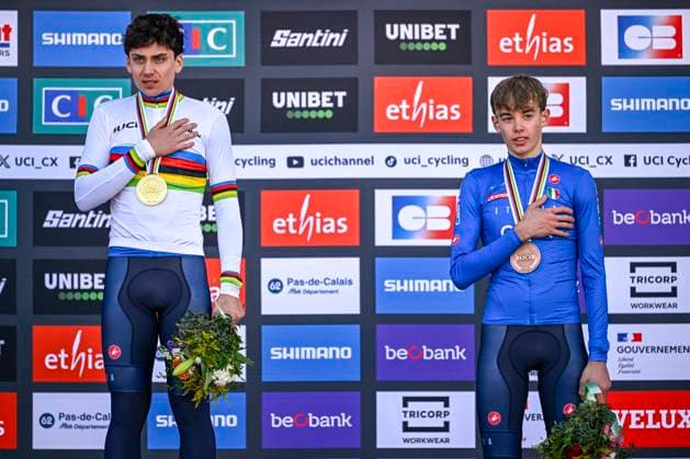 2025 UCI Cyclo-Cross WC - Men Junior LIEVIN, FRANCE - FEBRUARY 02 : Grigolini Filippo (ITA) , Agostinacchio Mattia (ITA) on the podium during the 2025 UCI Cyclo-Cross World Championships for Men Junior on February 02, 2025 in Lievin, France, 02 02 2025 Lievin France  Copyright: xNicoxVereeckenx