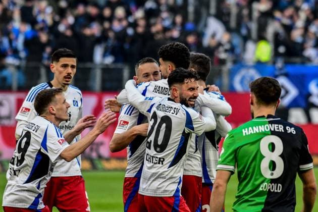 1 0 by Silvan Hefti HSV celebrating in the middle with Daniel Elfadli Marco Richter HSV Germany , Hamburg , Volksparkstadion , Football , 2 Bundesliga , Hamburger SV Hannover 96