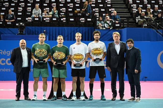 TENNIS : Open Sud de France ATP, Tennis Herren 250 - 02 02 2025 MONTPELLIER, FRANCE - 02 FEVRIER (D-G) : Guest, Tallon GRIEKSPOOR (NED), Bart STEVENS (NED), Robin HAASE (NED), Botic VAN DE ZANDSCHULP (NED), Guest, Sebastien GROSJEAN lors de la finale doubles du tournoi Open Sud de France ATP 250 a Montpellier le 2 fÃ vrier 2025. France  Copyright: xValentinaxClaretx