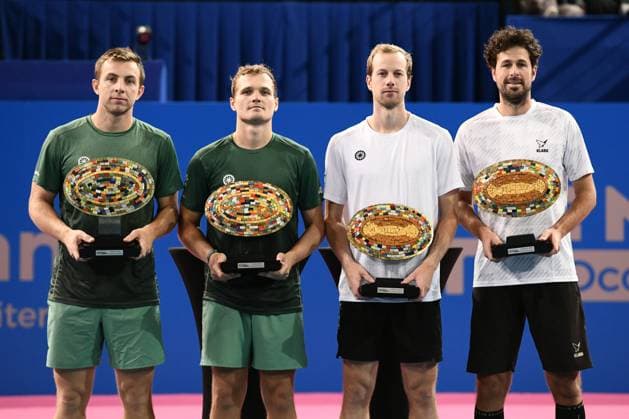 TENNIS : Open Sud de France ATP, Tennis Herren 250 - 02 02 2025 MONTPELLIER, FRANCE - 02 FEVRIER : Tallon GRIEKSPOOR (NED), Bart STEVENS (NED), Robin HAASE (NED), Botic VAN DE ZANDSCHULP (NED) lors de la finale doubles du tournoi Open Sud de France ATP 250 a Montpellier le 2 fÃ vrier 2025. France  Copyright: xValentinaxClaretx