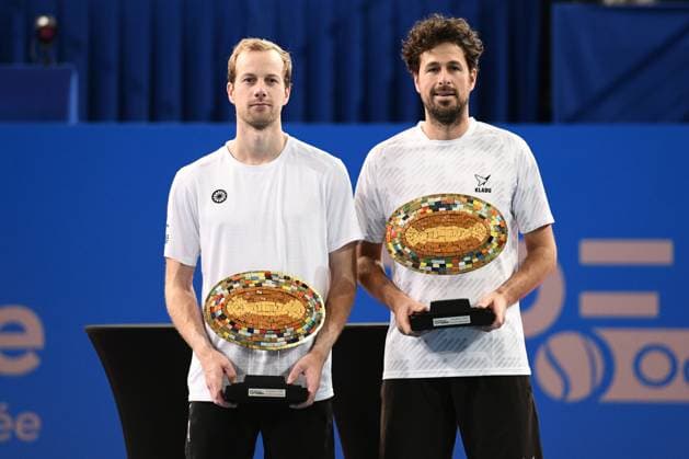 Sport Bilder des Tages TENNIS : Open Sud de France ATP, Tennis Herren 250 - 02 02 2025 MONTPELLIER, FRANCE - 02 FEVRIER : Robin HAASE (NED) - Botic VAN DE ZANDSCHULP (NED) vainqueurs de la finale doubles du tournoi Open Sud de France ATP 250 a Montpellier le 2 fÃ vrier 2025. France  Copyright: xValentinaxClaretx