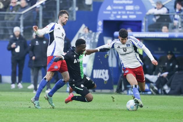 GER,Hamburg, Fußball, DFB, Hamburger SV vs Hannover 96 , im Hamburger Volksparkstadion , 02 02 2025 , v l Jonas Meffert Hamburger SV , Rabbi Malondo Hannover 96 wird gefault , Daniel Elfadli Hamburger SV DFL regulations prohibit any use of photographs as image sequences and or quasi video Copyright: HMBxMedia FernandoxSoares