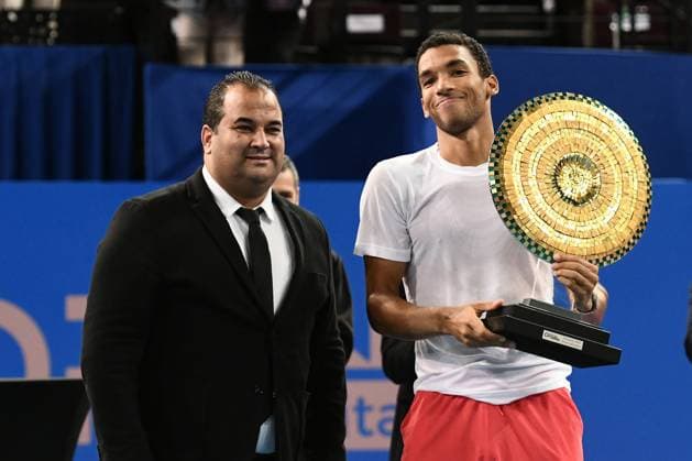 TENNIS : Open Sud de France ATP, Tennis Herren 250 - 02 02 2025 MONTPELLIER, FRANCE - 02 FEVRIER : Kamel CHIBLI, et 2 Felix AUGER-ALIASSIME (CAN) vainqueur du tournoi Open Sud de France ATP 250 contre Q Aleksandar KOVACEVIC (USA) a Montpellier le 2 fÃ vrier 2025. France  Copyright: xValentinaxClaretx