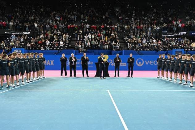 TENNIS : Open Sud de France ATP, Tennis Herren 250 - 02 02 2025 MONTPELLIER, FRANCE - 02 FEVRIER : Remise des prix de la finale entre 2 Felix AUGER-ALIASSIME (CAN) vainqueur du tournoi Open Sud de France ATP 250 et Q Aleksandar KOVACEVIC (USA) a Montpellier le 2 fÃ vrier 2025. France  Copyright: xValentinaxClaretx