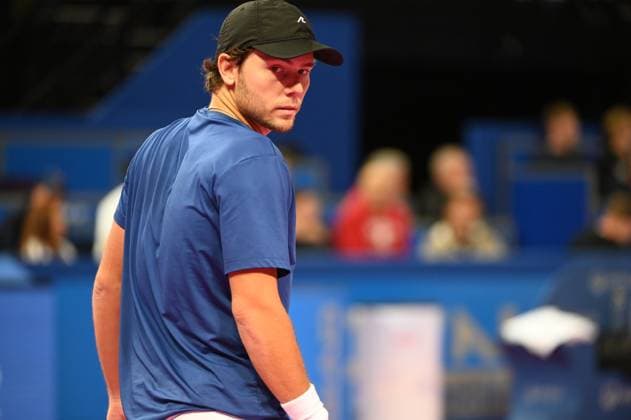 TENNIS : Open Sud de France ATP, Tennis Herren 250 - 02 02 2025 MONTPELLIER, FRANCE - 02 FEVRIER : Q Aleksandar KOVACEVIC (USA) lors de la finale contre 2 Felix AUGER-ALIASSIME (CAN) lors du tournoi Open Sud de France ATP 250 a Montpellier le 2 fÃ vrier 2025. France  Copyright: xValentinaxClaretx