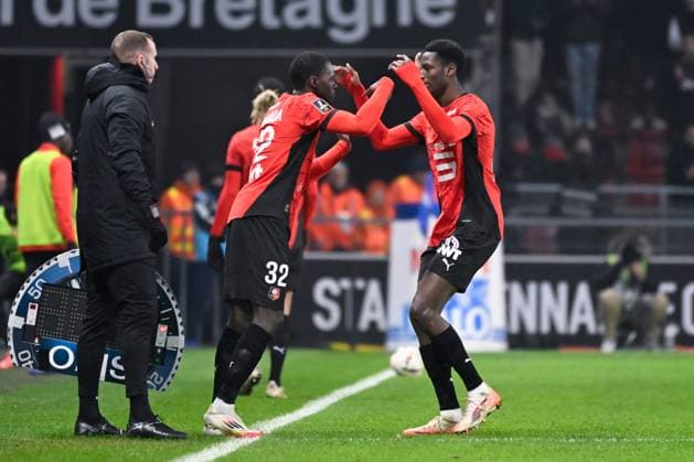FOOTBALL : Rennes vs Strasbourg - Ligue 1 - 02 02 2025 Djaoui Cisse ( 38 - Rennes ) and Naouirou Ahamada ( 32 - Rennes ) during the Ligue 1 match between Stade Rennais FC and Racing Club de Strasbourg at Roazhon Park on February 02, 2025 in Rennes, France. ( Photo by Dante Badano PsnewZ ) - RennesFrance  Copyright: xDantexBadanox