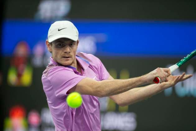 February 2, 2025, Frisco, Texas, USA: JACK PENNINGTON JONES (GBR) returns with a back hand during round 2 of the qualifiers at the Dallas Open at the Star in Frisco, TX. CHRIS EUBANKS (USA) defeated JACK PINNINGTON JONES (GBR), 12-4. Frisco USA - ZUMAh193 20250202_zsp_h193_003 Copyright: xDanielxMcGregor-Huyerx