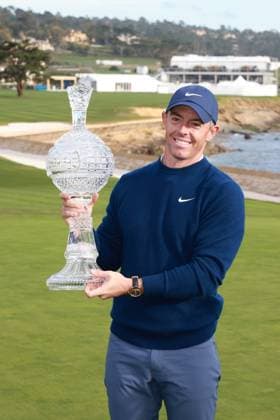 PEBBLE BEACH, CA - FEBRUARY 02: PGA, Golf Herren golfer Rory McIlroy poses with the trophy after winning the AT&T Pebble Beach Pro AM on February 2, 2025, at Pebble Beach Golf Links in Pebble Beach, California. (Photo by Brian Spurlock Icon Sportswire) GOLF: FEB 02 PGA AT&T Pebble Beach Pro-Am EDITORIAL USE ONLY Icon2502023