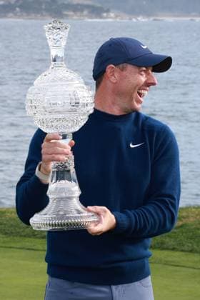 PEBBLE BEACH, CA - FEBRUARY 02: PGA, Golf Herren golfer Rory McIlroy smiles holding the trophy after winning the AT&T Pebble Beach Pro AM on February 2, 2025, at Pebble Beach Golf Links in Pebble Beach, California. (Photo by Brian Spurlock Icon Sportswire) GOLF: FEB 02 PGA AT&T Pebble Beach Pro-Am EDITORIAL USE ONLY Icon2502025