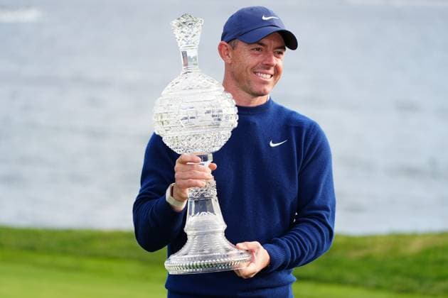 PEBBLE BEACH, CA - FEBRUARY 02: PGA, Golf Herren golfer Rory McIlroy poses with the the trophy after winning the AT&T Pebble Beach Pro AM on February 2, 2025, at Pebble Beach Golf Links in Pebble Beach, California. (Photo by Brian Spurlock Icon Sportswire) GOLF: FEB 02 PGA AT&T Pebble Beach Pro-Am EDITORIAL USE ONLY Icon2502027