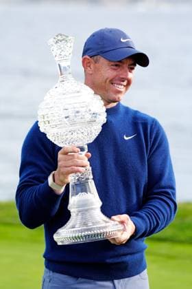 PEBBLE BEACH, CA - FEBRUARY 02: PGA, Golf Herren golfer Rory McIlroy poses with the the trophy after winning the AT&T Pebble Beach Pro AM on February 2, 2025, at Pebble Beach Golf Links in Pebble Beach, California. (Photo by Brian Spurlock Icon Sportswire) GOLF: FEB 02 PGA AT&T Pebble Beach Pro-Am EDITORIAL USE ONLY Icon2502029