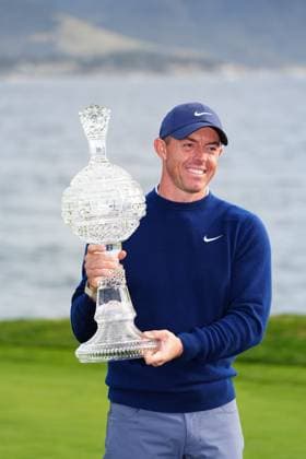PEBBLE BEACH, CA - FEBRUARY 02: PGA, Golf Herren golfer Rory McIlroy poses with the the trophy after winning the AT&T Pebble Beach Pro AM on February 2, 2025, at Pebble Beach Golf Links in Pebble Beach, California. (Photo by Brian Spurlock Icon Sportswire) GOLF: FEB 02 PGA AT&T Pebble Beach Pro-Am EDITORIAL USE ONLY Icon25020211