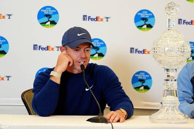 PEBBLE BEACH, CA - FEBRUARY 02: PGA, Golf Herren golfer Rory McIlroy speaks to the media after winning the AT&T Pebble Beach Pro AM on February 2, 2025, at Pebble Beach Golf Links in Pebble Beach, California. (Photo by Brian Spurlock Icon Sportswire) GOLF: FEB 02 PGA AT&T Pebble Beach Pro-Am EDITORIAL USE ONLY Icon25020212