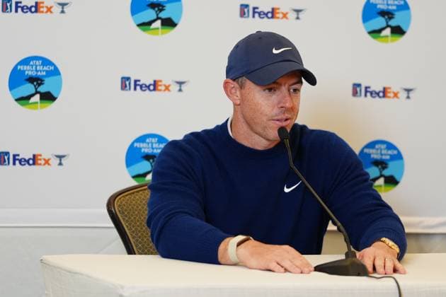 PEBBLE BEACH, CA - FEBRUARY 02: PGA, Golf Herren golfer Rory McIlroy speaks to the media after winning the AT&T Pebble Beach Pro AM on February 2, 2025, at Pebble Beach Golf Links in Pebble Beach, California. (Photo by Brian Spurlock Icon Sportswire) GOLF: FEB 02 PGA AT&T Pebble Beach Pro-Am EDITORIAL USE ONLY Icon25020214