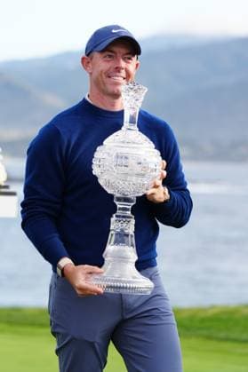 PEBBLE BEACH, CA - FEBRUARY 02: PGA, Golf Herren golfer Rory McIlroy poses with the trophy after winning the AT&T Pebble Beach Pro AM on February 2, 2025, at Pebble Beach Golf Links in Pebble Beach, California. (Photo by Brian Spurlock Icon Sportswire) GOLF: FEB 02 PGA AT&T Pebble Beach Pro-Am EDITORIAL USE ONLY Icon25020268