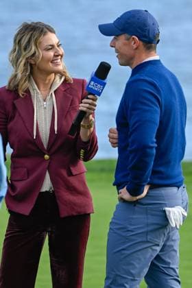 PEBBLE BEACH, CA - FEBRUARY 02: Rory McIlroy (NIR) is interviewed by CBS Sports reporter Amanda Balionis on the green on 18 after winning the AT&T Pebble Beach Pro-Am at Pebble Beach Golf Links on February 2, 2025, in Pebble Beach, California. (Photo by Ken Murray Icon Sportswire) GOLF: FEB 02 PGA, Golf Herren AT&T Pebble Beach Pro-Am EDITORIAL USE ONLY Icon250202036