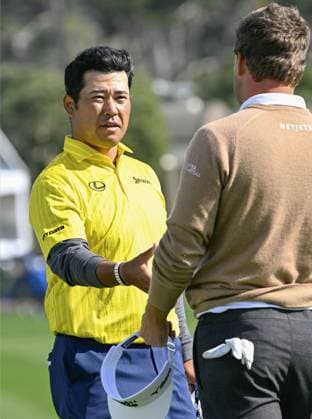 Golf: AT&T Pebble Beach Pro-Am Hideki Matsuyama (L) of Japan is pictured after finishing the final round of the AT&amp;T Pebble Beach Pro-Am golf tournament on Feb. 2, 2025, at Pebble Beach Golf Links in Pebble Beach, California.  A14AA0004088349P