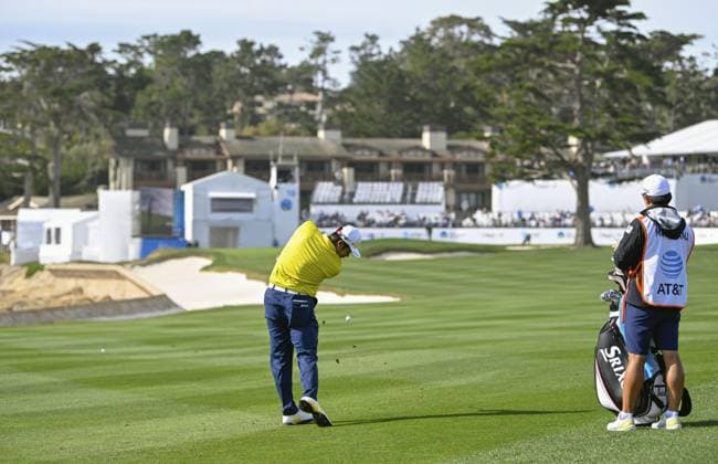 Golf: AT&T Pebble Beach Pro-Am Hideki Matsuyama of Japan plays a shot on the 18th hole in the final round of the AT&amp;T Pebble Beach Pro-Am golf tournament on Feb. 2, 2025, at Pebble Beach Golf Links in Pebble Beach, California.  A14AA0004088566P
