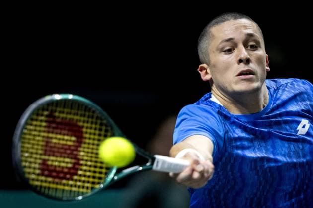 ROTTERDAM - Harold Mayot (FRA) in action against Stefanos Tsitsipas (GRE) on the first day of the ABN AMRO Open tennis tournament in Ahoy. ANP SANDER KING ABN AMRO Open - Day One 2025 xVIxANPxSportx xxANPxIVx 519066142 originalFilename: 519066142.jpg