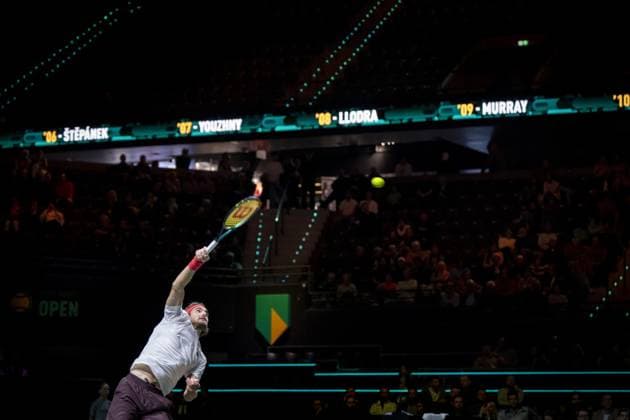 ROTTERDAM - Stefanos Tsitsipas (GRE) in action against Harold Mayot (FRA) on the first day of the ABN AMRO Open tennis tournament in Ahoy. ANP SANDER KONINGcz (POL) ABN AMRO Open - Day One 2025 xVIxANPxSportx xxANPxIVx 519066173 originalFilename: 519066173.jpg