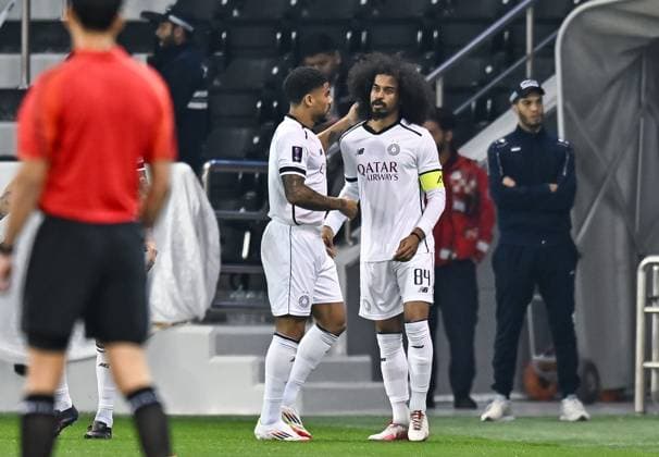 AFC CHAMPIONS LEAGUE ELITE, AL SADD SC (QTR) v AL AHLI SAUDI FC (KSA) Akram Hassan Afif (R) of Al Sadd SC is celebrating after scoring a goal during the AFC Champions League elite west football match between Qatar s Al Sadd SC and Saudi Arabia s Al Ahli SFC at Jassim Bin Hamad Stadium in Doha, Qatar, on February 03, 2024. DOHA Qatar Copyright: xNAUSHADx