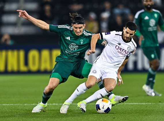 AFC CHAMPIONS LEAGUE ELITE, AL SADD SC (QTR) v AL AHLI SAUDI FC (KSA) Youcef Atal (R) of Al Sadd SC and Roger Da Silva of Al Ahli SFC in action during the AFC Champions League elite west football match between Qatar s Al Sadd SC and Saudi Arabia s Al Ahli SFC at Jassim Bin Hamad Stadium in Doha, Qatar, on February 03, 2024. DOHA Qatar Copyright: xNAUSHADx