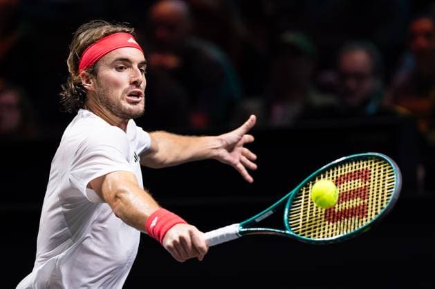 2025-02-03 ABN AMRO Open Day One ROTTERDAM, NETHERLANDS - FEBRUARY 3: Stefanos Tsitsipas of Greece in action during Day One of the ABN AMRO Open at Rotterdam Ahoy on February 3, 2025 in Rotterdam, Netherlands. (Photo by Joris Verwijst BSR Agency) Rotterdam Netherlands Content not available for redistribution in The Netherlands directly or indirectly through any third parties. Copyright: xBSRxAgencyx