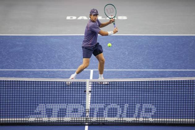 FRISCO, TX - FEBRUARY 03: Brandon Holt (USA) hits a volley during the first round of the Dallas Open on February 3, 2025, at Ford Center at The Star in Frisco, TX. (Photo by George Walker Icon Sportswire) TENNIS: FEB 03 Dallas Open EDITORIAL USE ONLY Icon250203001