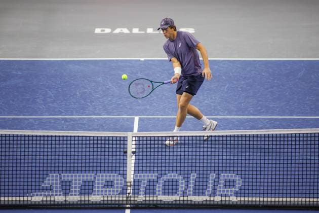 FRISCO, TX - FEBRUARY 03: Brandon Holt (USA) hits a volley during the first round of the Dallas Open on February 3, 2025, at Ford Center at The Star in Frisco, TX. (Photo by George Walker Icon Sportswire) TENNIS: FEB 03 Dallas Open EDITORIAL USE ONLY Icon250203002
