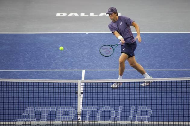 FRISCO, TX - FEBRUARY 03: Brandon Holt (USA) hits a volley during the first round of the Dallas Open on February 3, 2025, at Ford Center at The Star in Frisco, TX. (Photo by George Walker Icon Sportswire) TENNIS: FEB 03 Dallas Open EDITORIAL USE ONLY Icon250203014