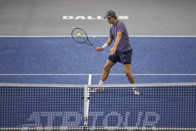 FRISCO, TX - FEBRUARY 03: Brandon Holt (USA) hits a volley during the first round of the Dallas Open on February 3, 2025, at Ford Center at The Star in Frisco, TX. (Photo by George Walker Icon Sportswire) TENNIS: FEB 03 Dallas Open EDITORIAL USE ONLY Icon250203015