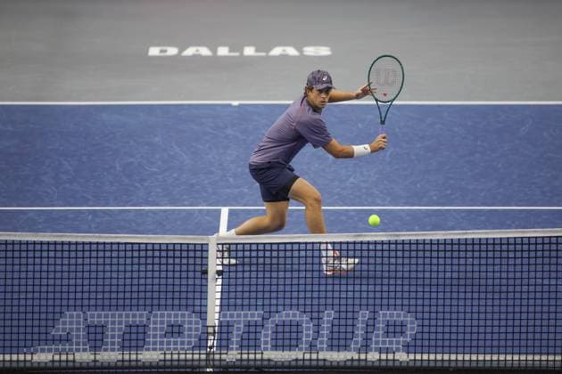 FRISCO, TX - FEBRUARY 03: Brandon Holt (USA) hits a backhand volley during the first round of the Dallas Open on February 3, 2025, at Ford Center at The Star in Frisco, TX. (Photo by George Walker Icon Sportswire) TENNIS: FEB 03 Dallas Open EDITORIAL USE ONLY Icon250203016