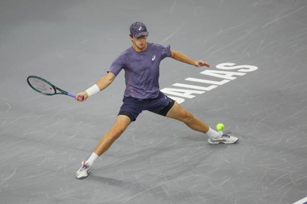 FRISCO, TX - FEBRUARY 03: Brandon Holt (USA) hits a forehand during the first round of the Dallas Open on February 3, 2025, at Ford Center at The Star in Frisco, TX. (Photo by George Walker Icon Sportswire) TENNIS: FEB 03 Dallas Open EDITORIAL USE ONLY Icon250203017