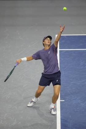 FRISCO, TX - FEBRUARY 03: Brandon Holt (USA) serves during the first round of the Dallas Open on February 3, 2025, at Ford Center at The Star in Frisco, TX. (Photo by George Walker Icon Sportswire) TENNIS: FEB 03 Dallas Open EDITORIAL USE ONLY Icon250203018