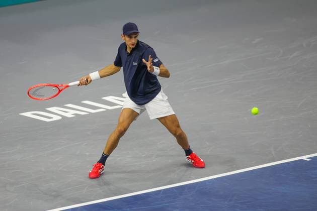 FRISCO, TX - FEBRUARY 03: Matteo Arnaldi (ITA) hits a forehand during the first round of the Dallas Open on February 3, 2025, at Ford Center at The Star in Frisco, TX. (Photo by George Walker Icon Sportswire) TENNIS: FEB 03 Dallas Open EDITORIAL USE ONLY Icon250203032