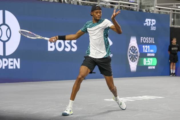 FRISCO, TX - FEBRUARY 03: Christopher Eubanks (USA) hits a forehand during the first round of the Dallas Open on February 3, 2025, at Ford Center at The Star in Frisco, TX. (Photo by George Walker Icon Sportswire) TENNIS: FEB 03 Dallas Open EDITORIAL USE ONLY Icon250203037