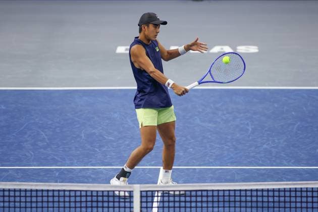 FRISCO, TX - FEBRUARY 03: Rinky Hijikata (AUS) hits a volley during the first round of the Dallas Open on February 3, 2025, at Ford Center at The Star in Frisco, TX. (Photo by George Walker Icon Sportswire) TENNIS: FEB 03 Dallas Open EDITORIAL USE ONLY Icon250203043