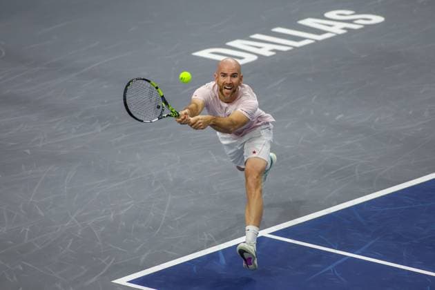 FRISCO, TX - FEBRUARY 03: Adrian Mannarino (FRA) stretches for a backhand during the first round of the Dallas Open on February 3, 2025, at Ford Center at The Star in Frisco, TX. (Photo by George Walker Icon Sportswire) TENNIS: FEB 03 Dallas Open EDITORIAL USE ONLY Icon250203052
