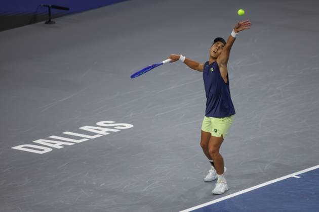 FRISCO, TX - FEBRUARY 03: Rinky Hijikata (AUS) serves during the first round of the Dallas Open on February 3, 2025, at Ford Center at The Star in Frisco, TX. (Photo by George Walker Icon Sportswire) TENNIS: FEB 03 Dallas Open EDITORIAL USE ONLY Icon250203058