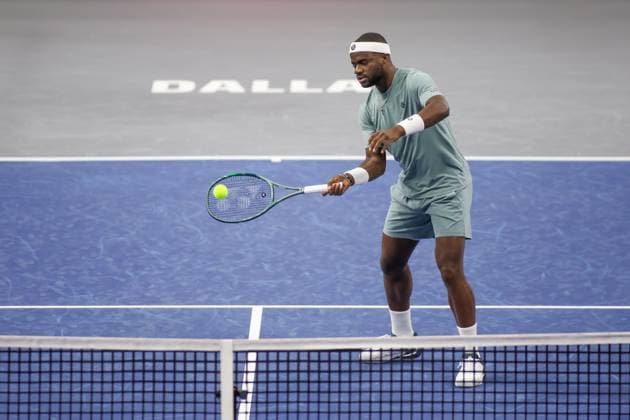 FRISCO, TX - FEBRUARY 03: Frances Tiafoe (USA) hits a volley during the first round of the Dallas Open on February 3, 2025, at Ford Center at The Star in Frisco, TX. (Photo by George Walker Icon Sportswire) TENNIS: FEB 03 Dallas Open EDITORIAL USE ONLY Icon250203061
