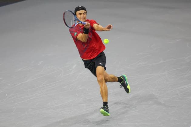 FRISCO, TX - FEBRUARY 03: Taro Daniel (JPN) hits a forehand during the first round of the Dallas Open on February 3, 2025, at Ford Center at The Star in Frisco, TX. (Photo by George Walker Icon Sportswire) TENNIS: FEB 03 Dallas Open EDITORIAL USE ONLY Icon250203067